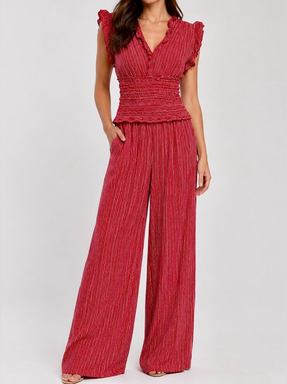 Max Studio Wide-Leg Jumpsuit with Surplice V-Neck Ruffle Chest and Smocked Waist